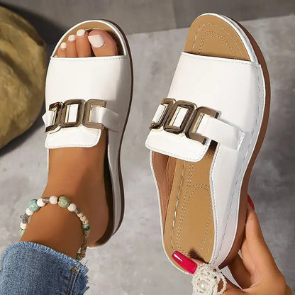 Women’s Wedge Sandals – Open Toe – Platform Sole – Cushioned Insole – Metallic Detail