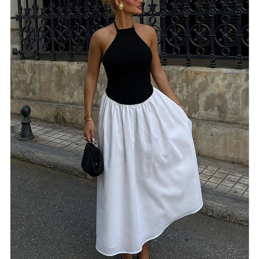 Women’s Long Dress – Halter Neck – Backless – Fitted Bodice – Flowing Chiffon Skirt
