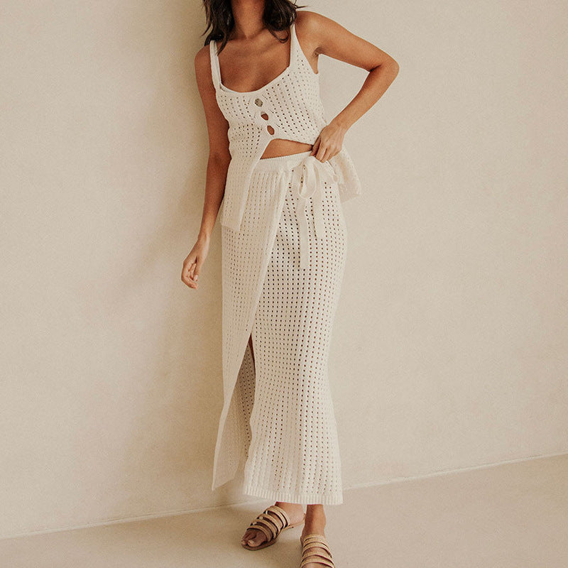 Women’s Two-Piece Beachwear Set – Soft Knit – Cropped Tank Top – Slit Maxi Skirt