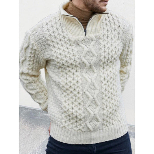 Men’s Knit Sweater – Wool Blend – Cable Knit – High Neck Zip – Regular Fit Warm Wear