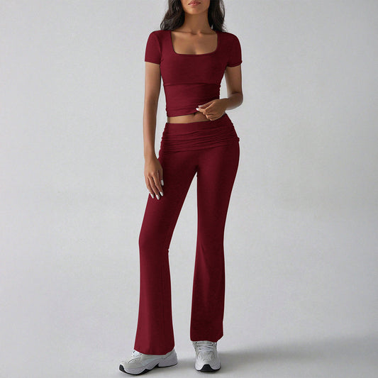 Women’s Two-Piece Set – Slim Fit Crop Top & Flared Pants – Stretch Breathable Fabric