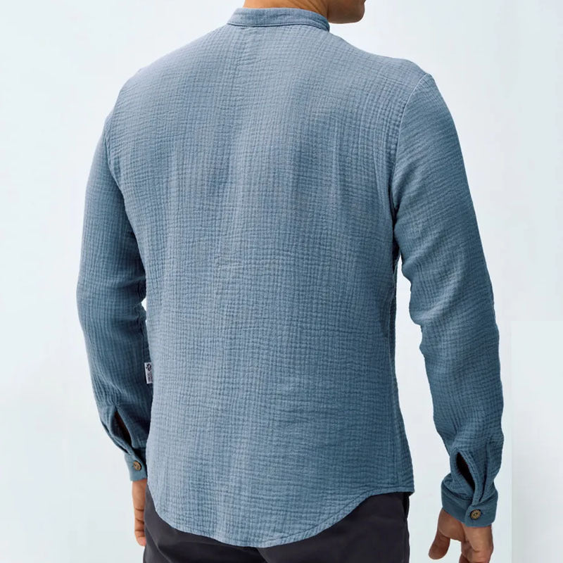 Men’s Button-Up Shirt – Regular Fit – Mandarin Collar – Textured Breathable Blend – Long Sleeve