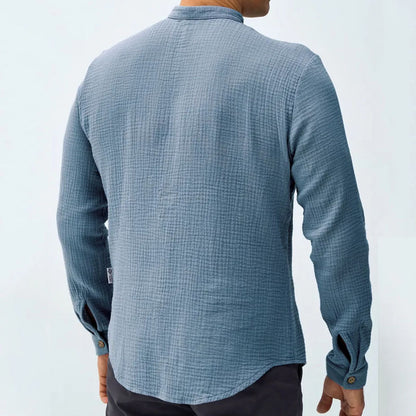 Men’s Button-Up Shirt – Regular Fit – Mandarin Collar – Textured Breathable Blend – Long Sleeve