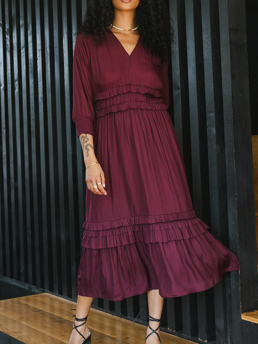 Women’s Midi Dress – Cotton Blend – V-Neck – Long Sleeve – Relaxed Fit – Tiered Hem