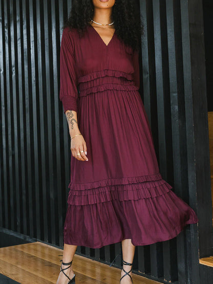 Women’s Midi Dress – Cotton Blend – V-Neck – Long Sleeve – Relaxed Fit – Tiered Hem