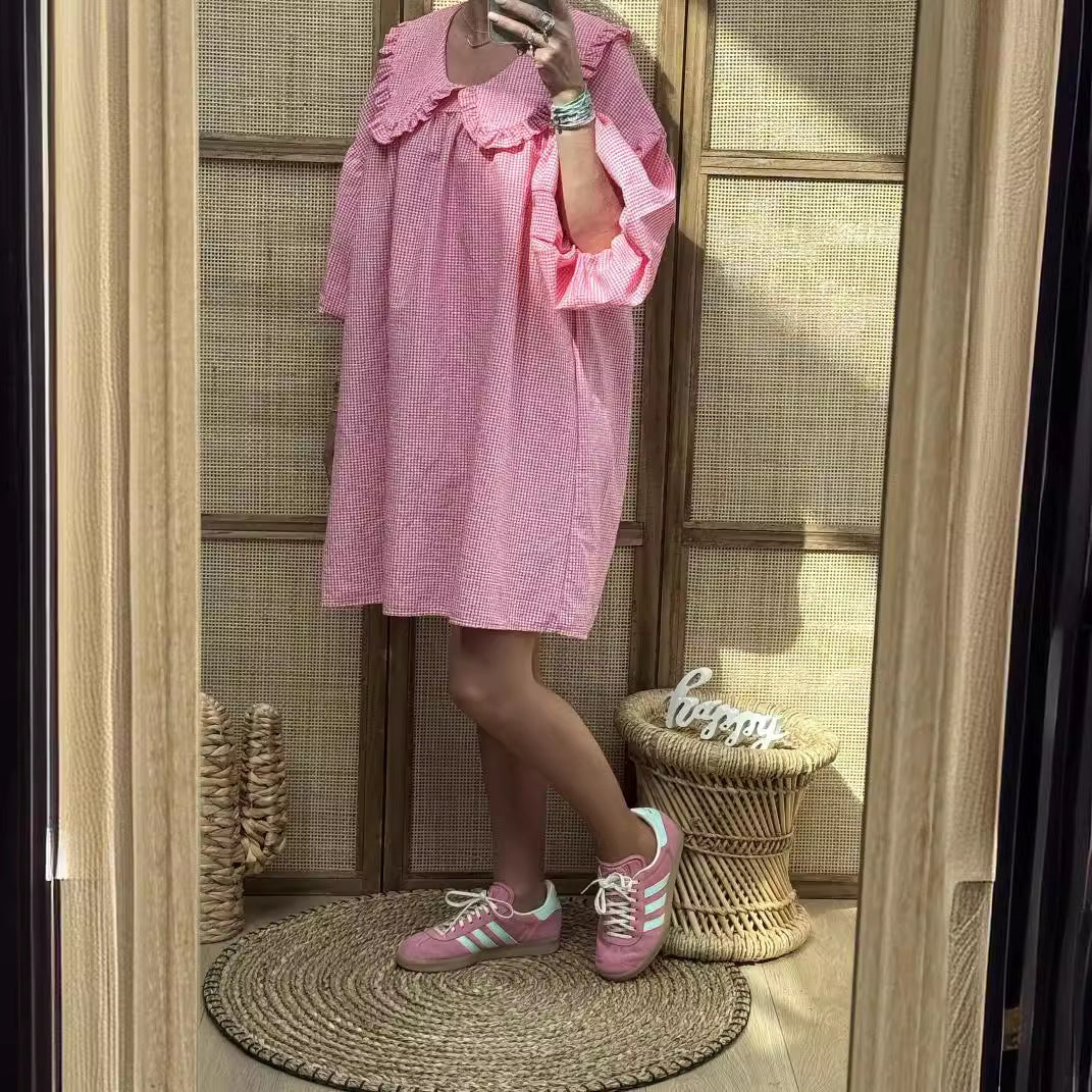 Women’s A-Line Dress – Cotton Checkered – Ruffled Collar – Balloon Sleeve – Short Length