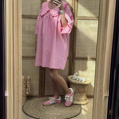 Women’s A-Line Dress – Cotton Checkered – Ruffled Collar – Balloon Sleeve – Short Length