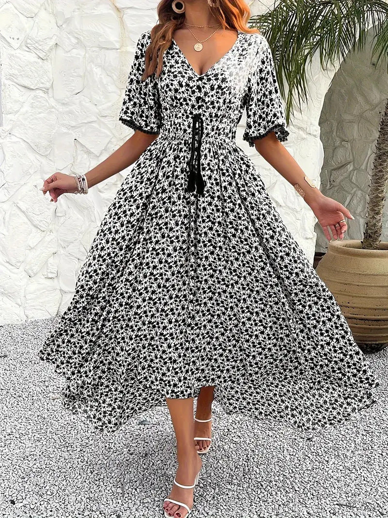 Women’s Midi Dress – Floral Print – V-Neck – Adjustable Waist – Short Sleeve – Slit Hem