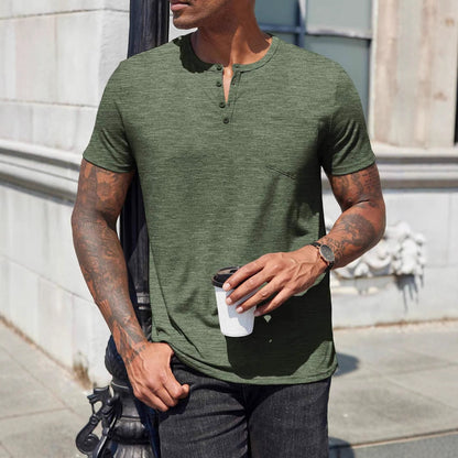Men’s Slim Fit T-Shirt – Soft Cotton Blend – Henley Neck – Chest Pocket – Short Sleeve