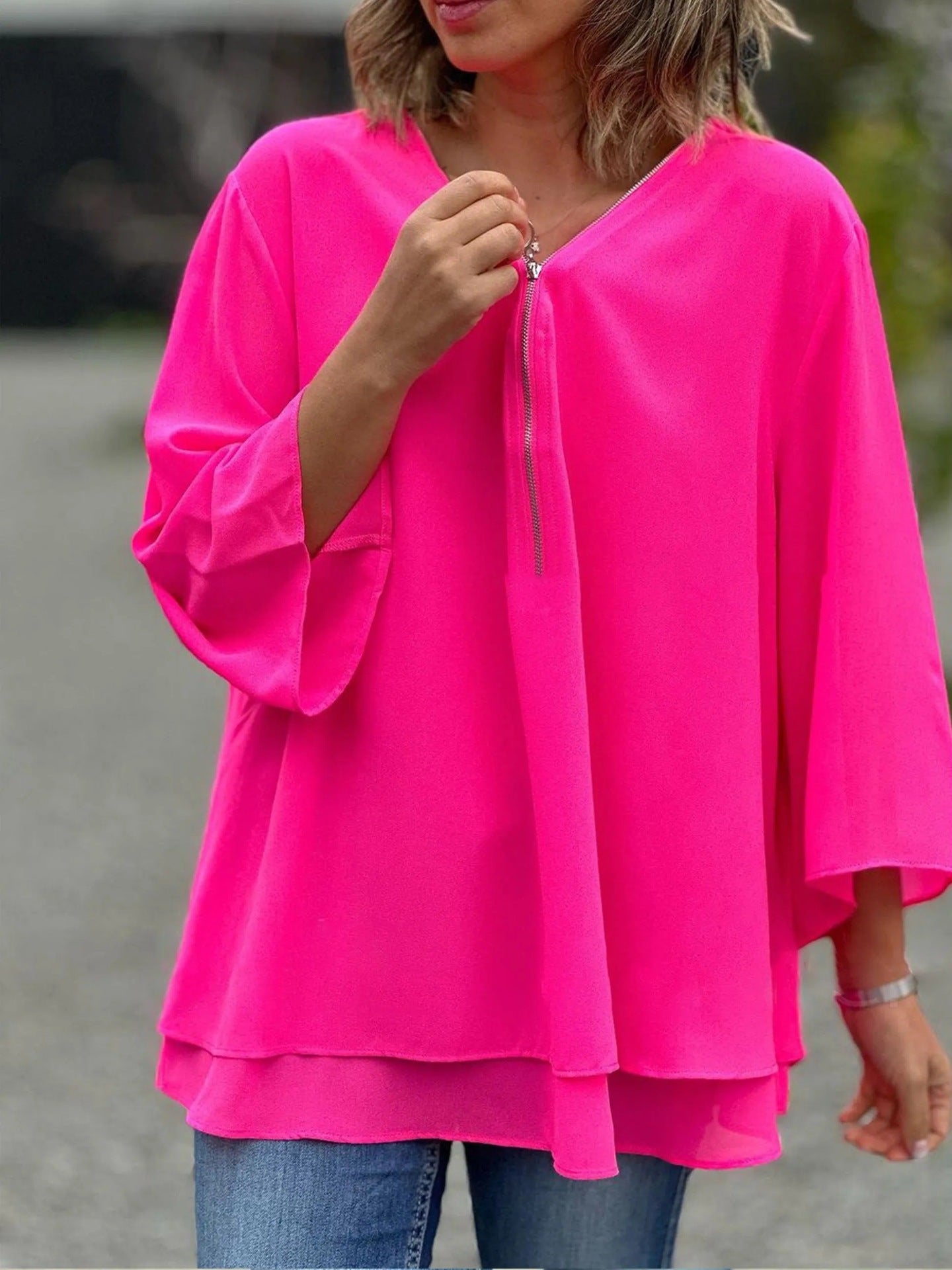 Women’s Blouse – Chiffon V-Neck – Zip Front – Loose Fit – 3/4 Sleeve Layered Hem