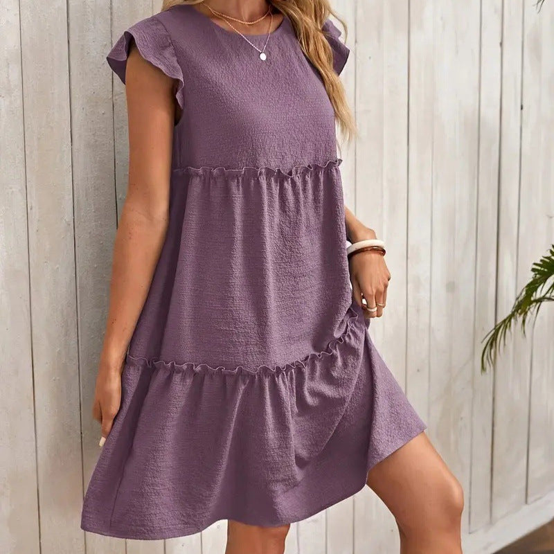 Women’s A-Line Dress – Relaxed Fit – V-Neck – Short Ruffle Sleeve – Tiered Hem
