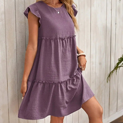 Women’s A-Line Dress – Relaxed Fit – V-Neck – Short Ruffle Sleeve – Tiered Hem