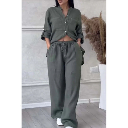 Women’s Shirt and Pants Set – Linen Blend – Relaxed Fit – Wide Leg – Button Down Top
