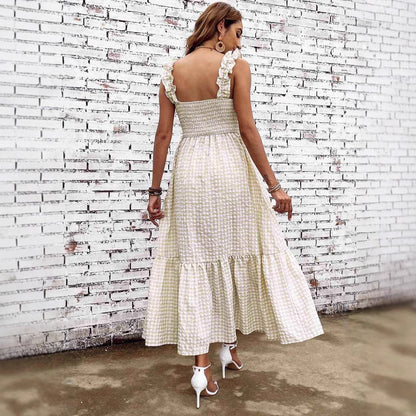 Women’s A-Line Dress – Smocked Bodice – Spaghetti Straps – Tiered Maxi – Checkered