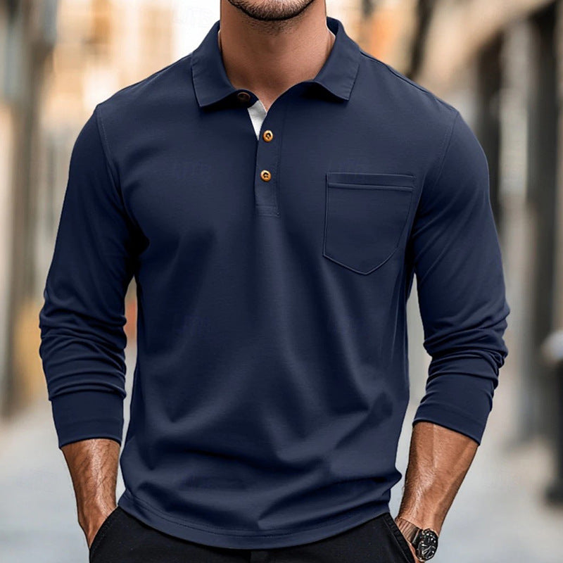 Men’s Long Sleeve Polo Shirt – Cotton – Slim Fit – Chest Pocket – Button Placket