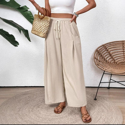 Women’s Wide-Leg Pants – Lightweight Cotton Blend – Drawstring Waist – Full Length