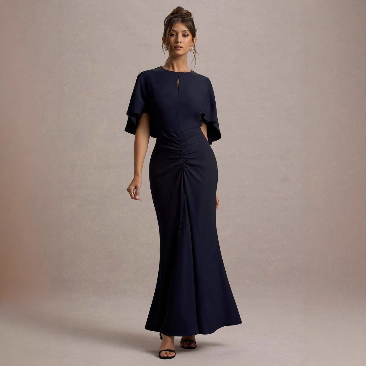 Women’s Maxi Dress – Fitted Silhouette – Ruched Waist – Flutter Sleeves – Luxury Fabric