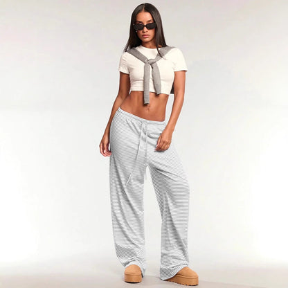 Women’s Casual Pants – Cotton Blend – Relaxed Fit – Drawstring Waist – Vertical Stripes