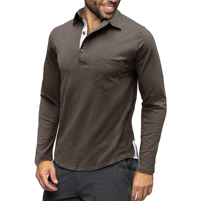 Men’s Long Sleeve Polo Shirt – Cotton – Slim Fit – Chest Pocket – Button Placket