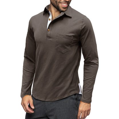 Men’s Long Sleeve Polo Shirt – Cotton – Slim Fit – Chest Pocket – Button Placket