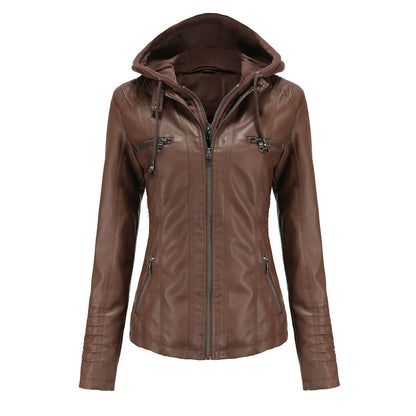 Women’s Hooded Jacket – Slim Fit – Faux Leather – Detachable Hood – Zipper Pockets