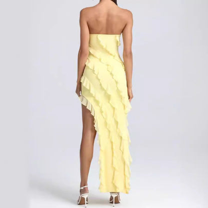 Women’s Strapless Gown – Slim Fit – Ruffle Detail – Asymmetrical Hem – Full Length