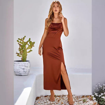 Women’s Maxi Dress – Satin Fabric – Slim Fit – Cowl Neck – Spaghetti Straps – Side Slit