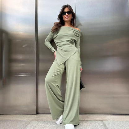 Women’s Knit Set – Off-Shoulder Asymmetrical Top – Wide-Leg Stretch Pants