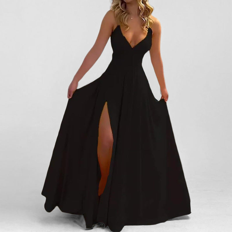 Women’s Evening Dress – Slim Fit – Chiffon Feel – V Neck – Thigh Slit – Ruffle Hem