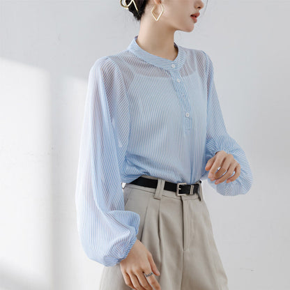 Women’s Blouse – Sheer Lightweight Fabric – Relaxed Fit – Long Puff Sleeve – Stand Collar