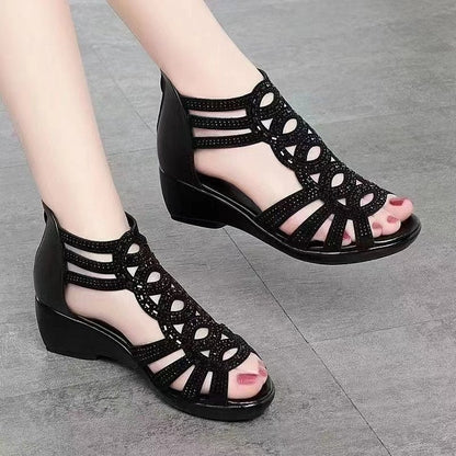 Women’s Sandals – Medium Heel – Soft Feel – Cut-Out Detailing – Open Toe – Elegant Casual