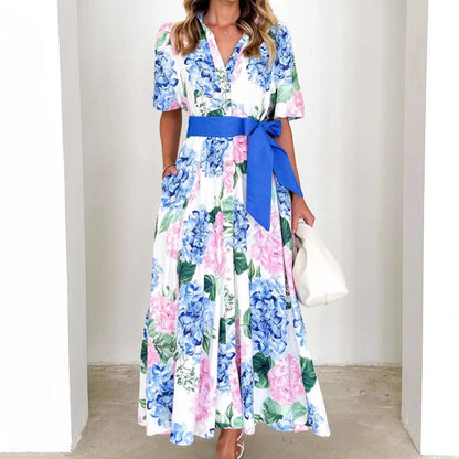 Women’s Maxi Dress – A-Line Fit – Short Sleeve – Floral Print – V-Neck Boho Style