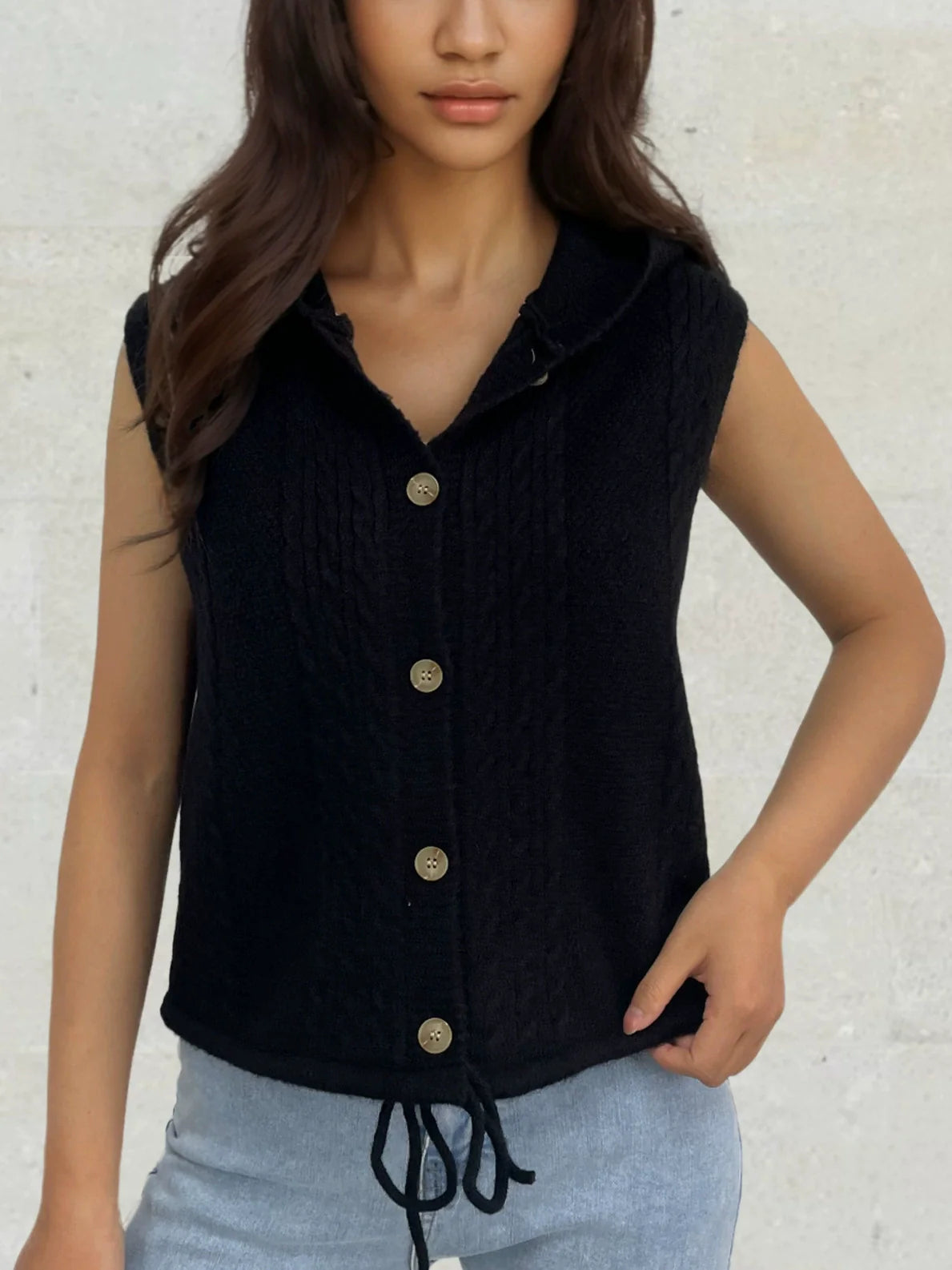 Women’s Hooded Vest – Cable Knit – Button Front – Soft Cotton Texture – Casual Fit