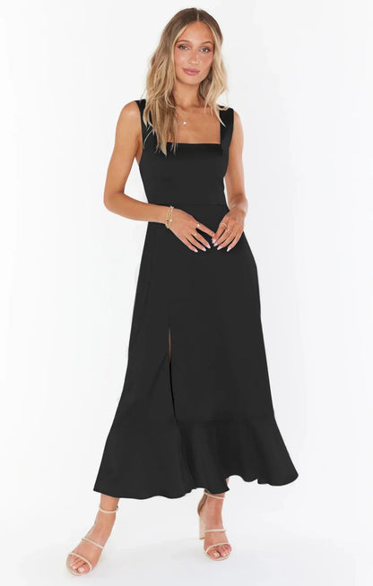 Women's Midi Dress - Square Neck - Sleeveless Bow Straps - Fitted Waist - Flared Hem