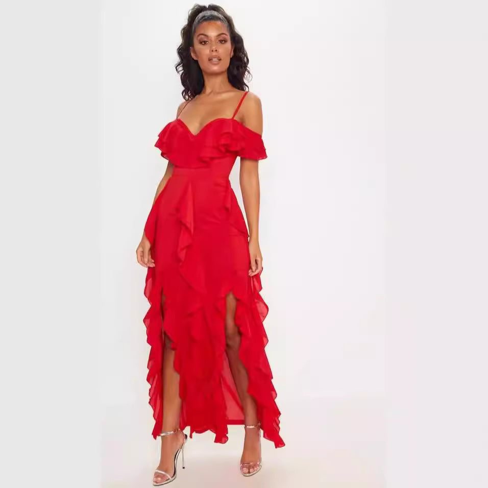 Women’s Long Dress – Slim Fit – Chiffon Ruffles – Spaghetti Straps – Off-Shoulder