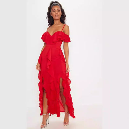 Women’s Long Dress – Slim Fit – Chiffon Ruffles – Spaghetti Straps – Off-Shoulder