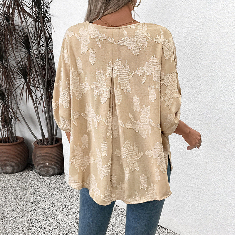 Women’s Blouse – Loose Fit – V-Neck – Textured Fabric – Lace-Up Side – Rolled Sleeves