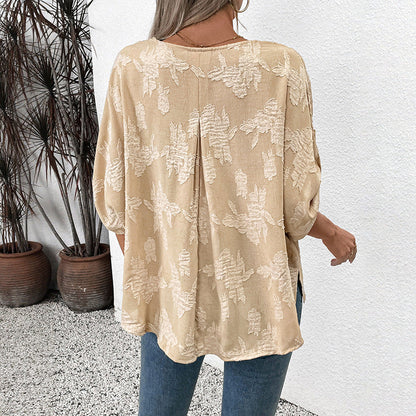 Women’s Blouse – Loose Fit – V-Neck – Textured Fabric – Lace-Up Side – Rolled Sleeves
