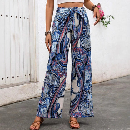 Women’s Wide-Leg Pants – Bohemian Print – High Waist – Tie Belt – Lightweight Cotton