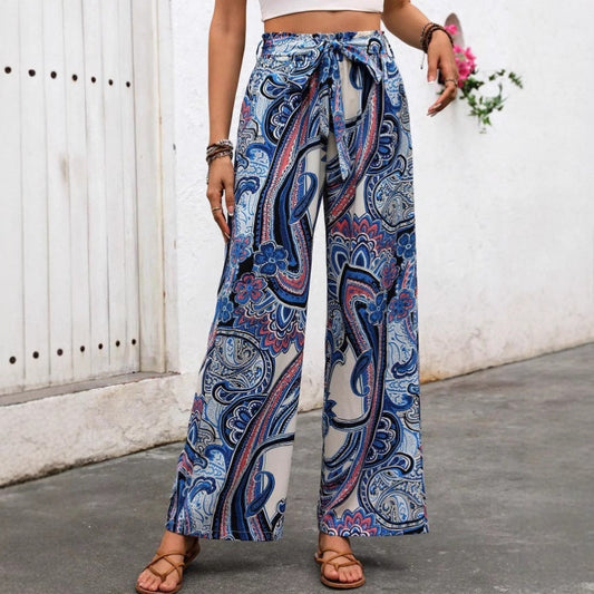 Women’s Wide-Leg Pants – Bohemian Print – High Waist – Tie Belt – Lightweight Cotton