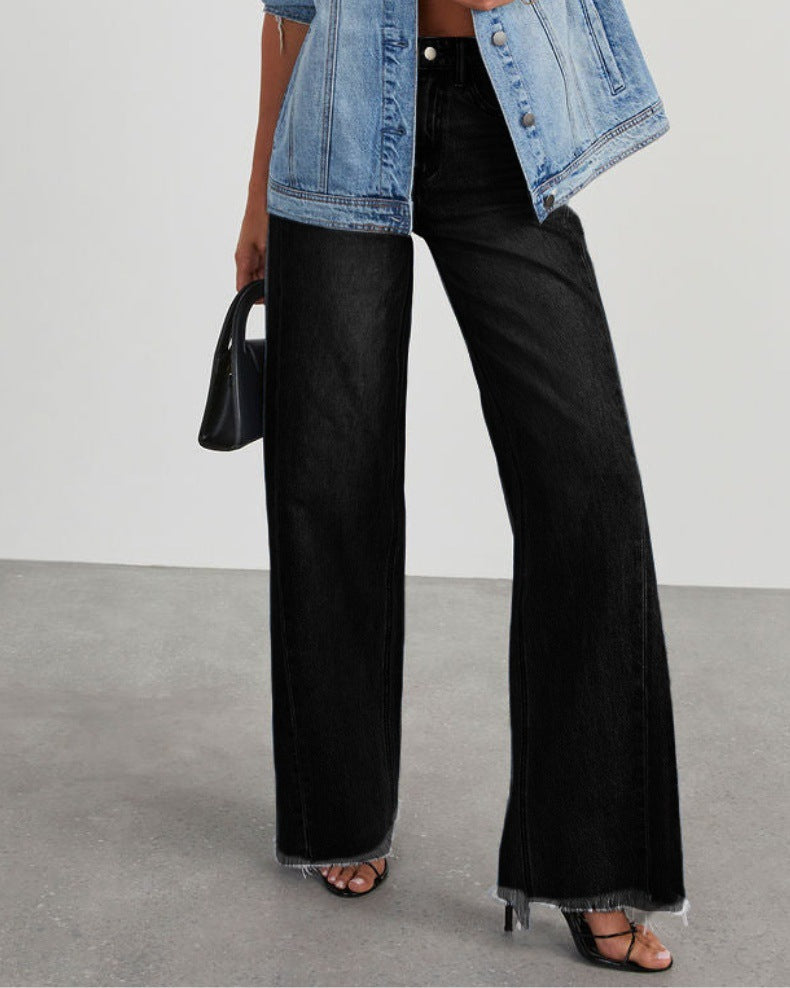 Women’s Wide-Leg Jeans – Washed Denim – Relaxed Fit – High Waist – Frayed Hem
