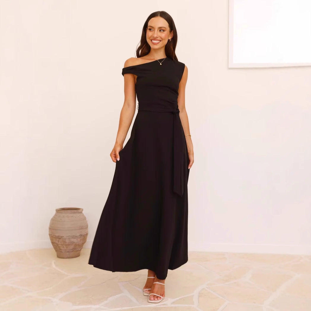 Women’s Maxi Dress – One-Shoulder – Satin Finish – Waist Tie – Elegant Silhouette