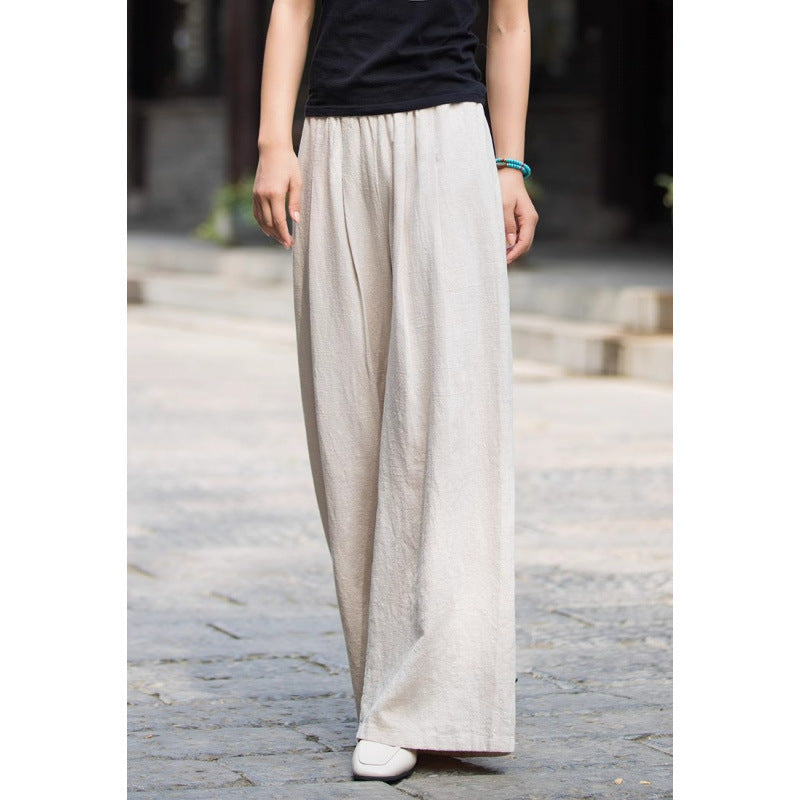 Women’s Wide-Leg Pants – Linen-Look Fabric – Relaxed Fit – Elastic Waist – Full Length