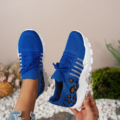 Women’s Athletic Sneakers – Flyknit Upper – Low-Top Fit – Leopard Print – Wave Sole