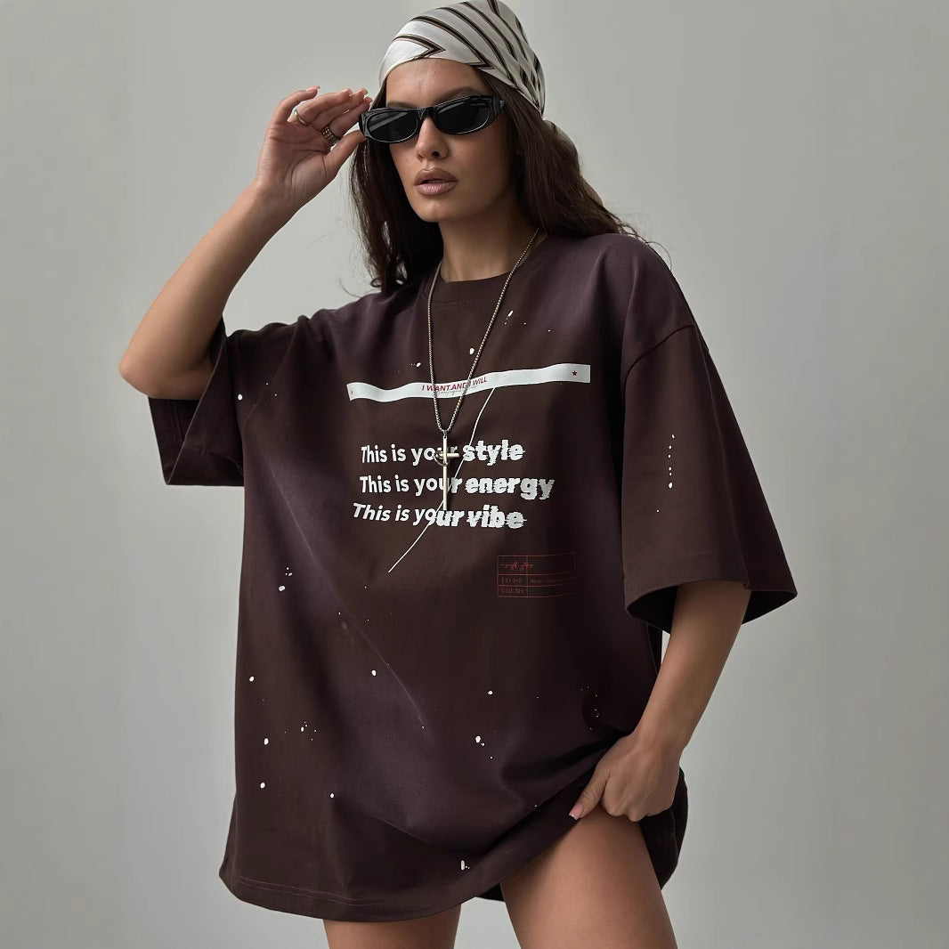 Women’s Oversized T-Shirt – Cotton Blend – Relaxed Fit – Distressed Graphic Tunic