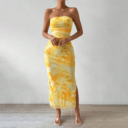 Women’s Maxi Dress – Strapless Slim Fit – Mesh Overlay – Side Slit Draped Design