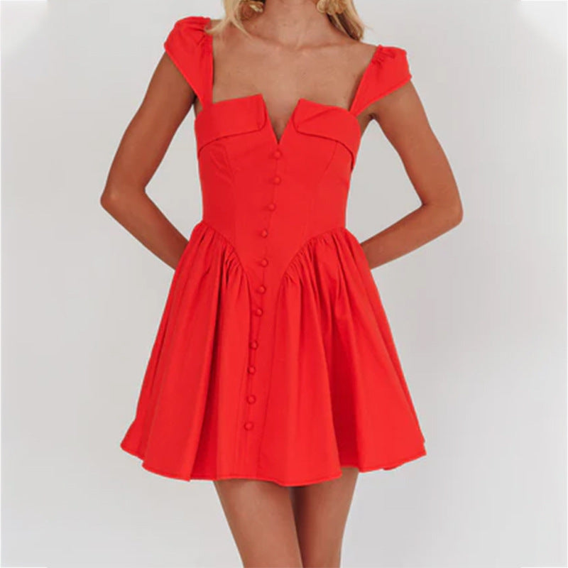 Women’s Sleeveless Mini Dress – Cotton Blend – Square Neck – Fitted Pleated Skirt