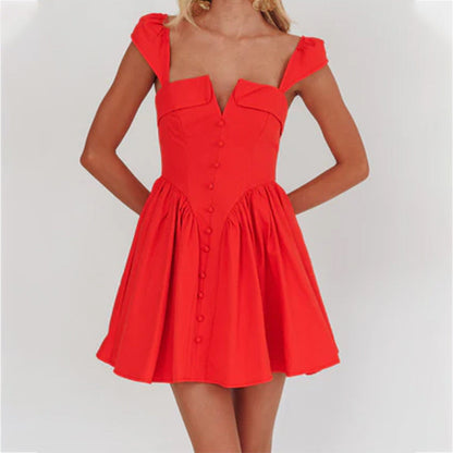 Women’s Sleeveless Mini Dress – Cotton Blend – Square Neck – Fitted Pleated Skirt