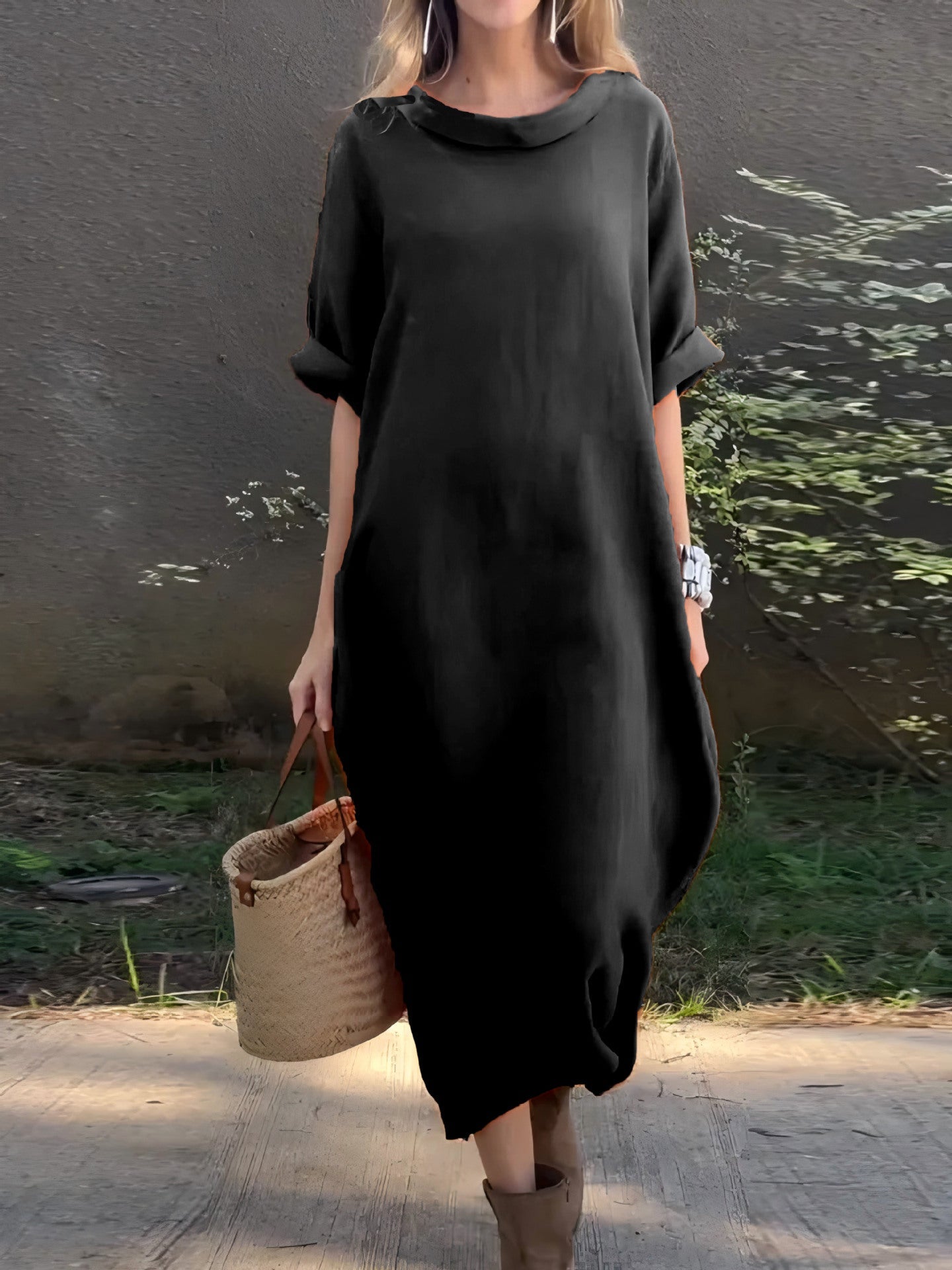 Women's Maxi Dress - Woven - Oversized Relaxed Fit - Asymmetrical Hem