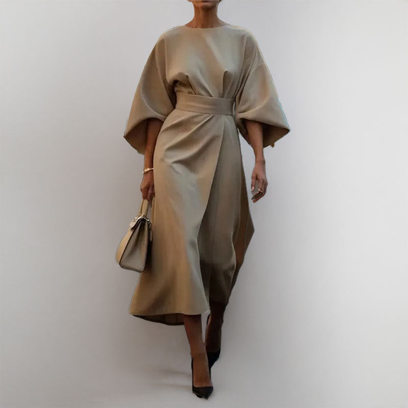 Women’s Long Dress – Satin Finish – Batwing Sleeve – Fitted Waist – Formal Wear
